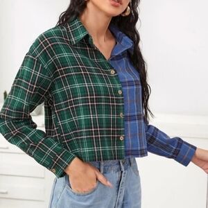 Plaid Cropped Longsleeve Buttown Up Shirt Green Blue XL